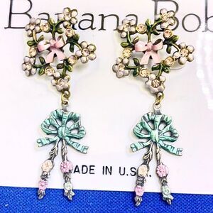 Banana Bob delicate floral bow pastel crystal enamel pierced dangle earrings